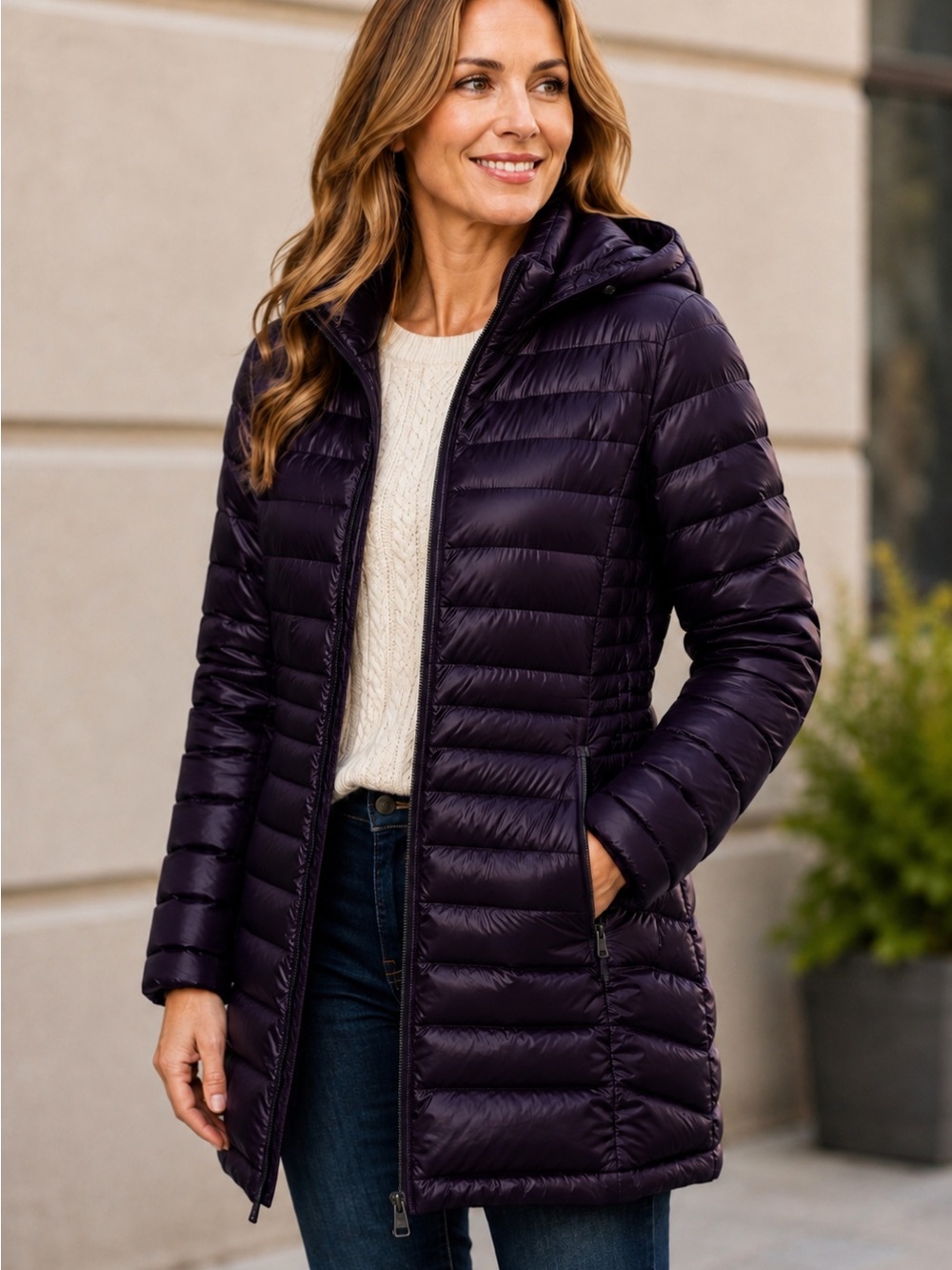 Andrew Marc Packable Premium Down Coat XL Berry Purple Removable Hood Puffer